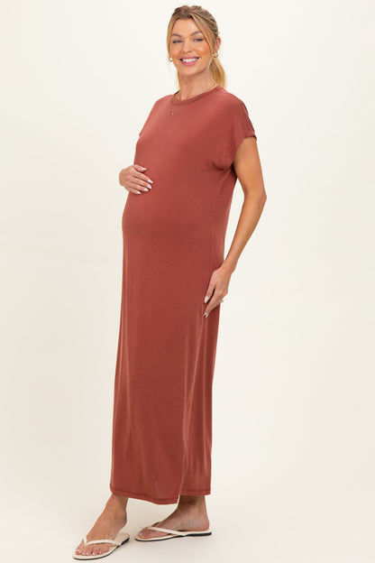 Brick Boxy Side Slit Maternity Maxi Dress