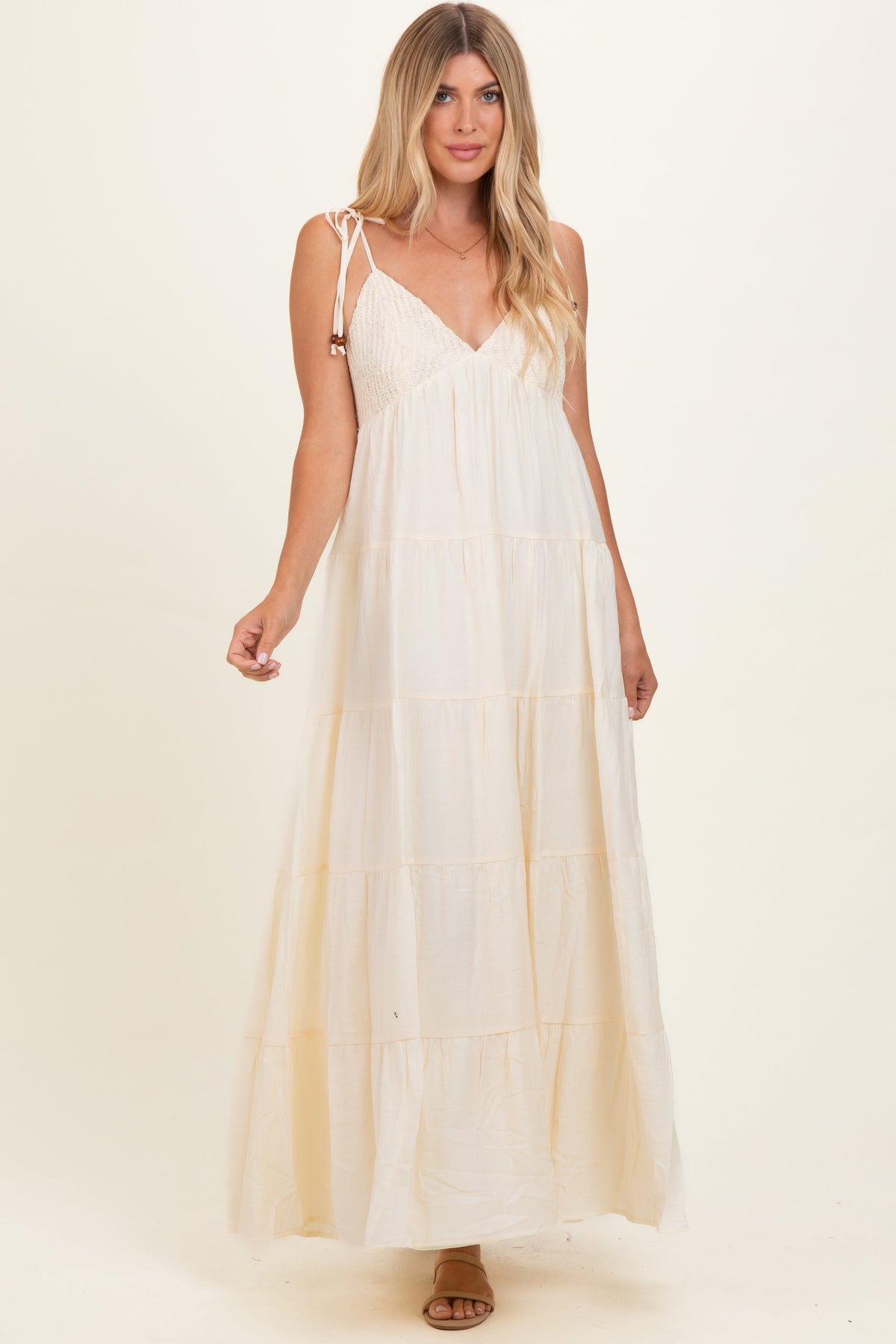 Cream Crochet Detail Tiered Shoulder Tie Maternity Maxi Dress
