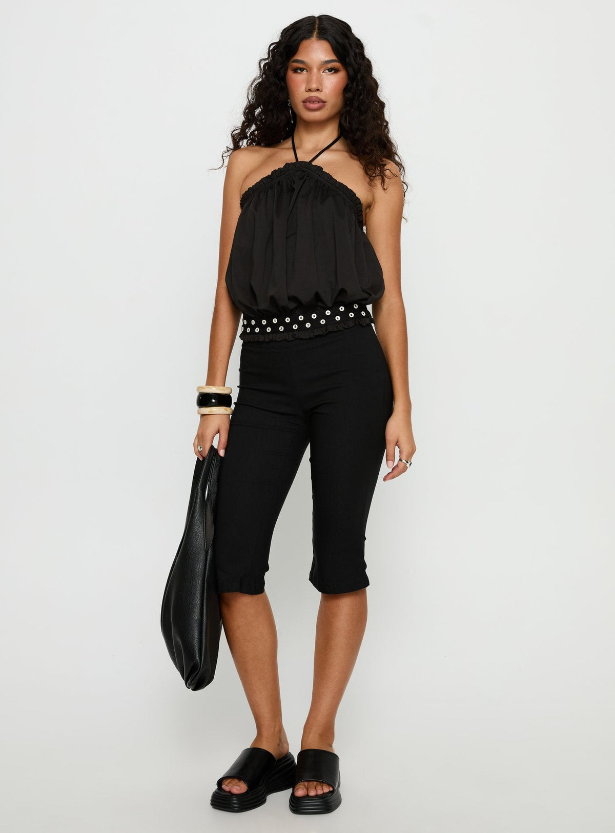 Mikki Tie Neck Button Detail Top Black