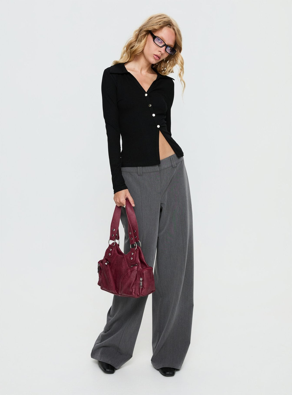 Meeghan Long Sleeve Button Up Top Black