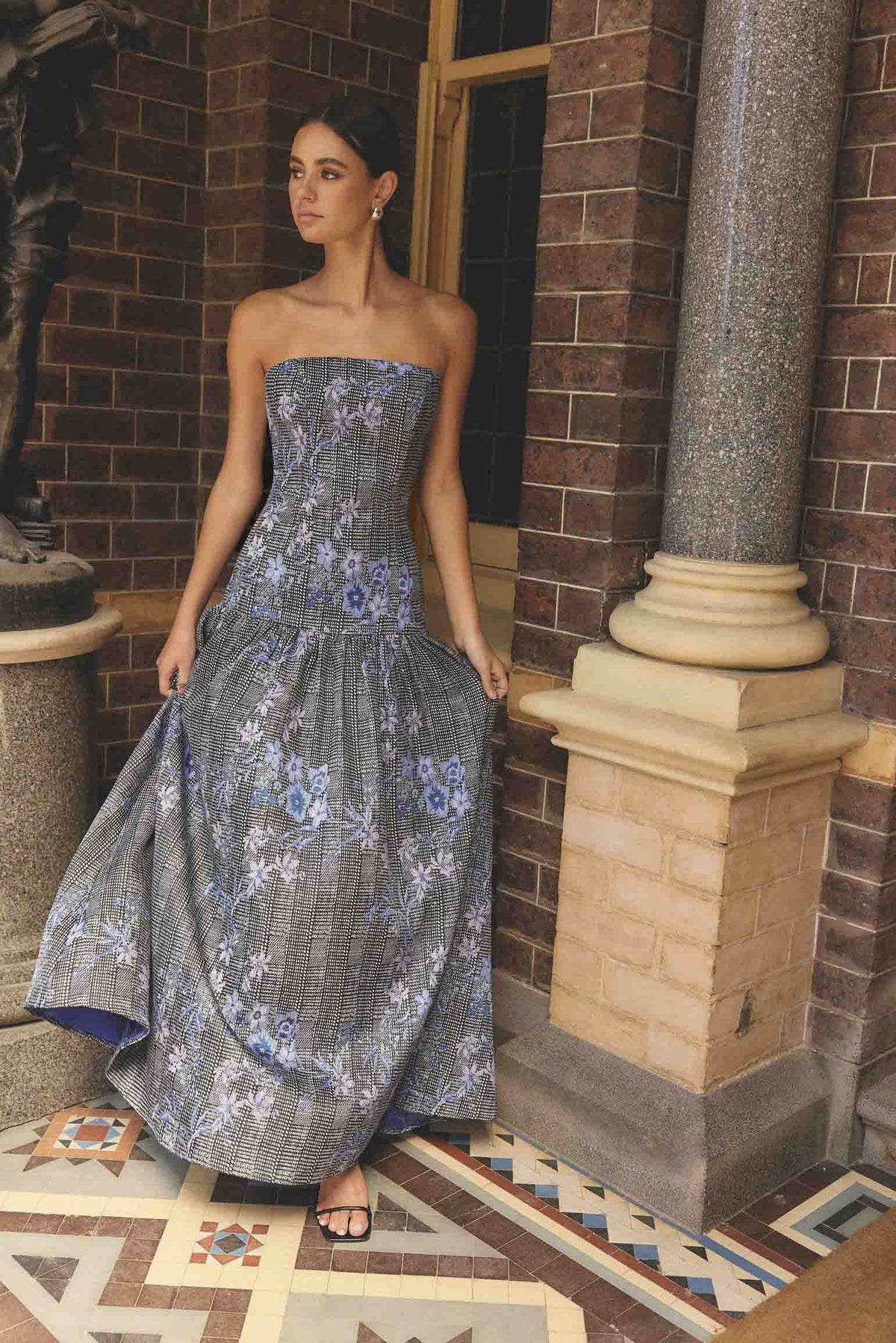 Allana Jacquard Strapless Gown in Black & Blue Floral