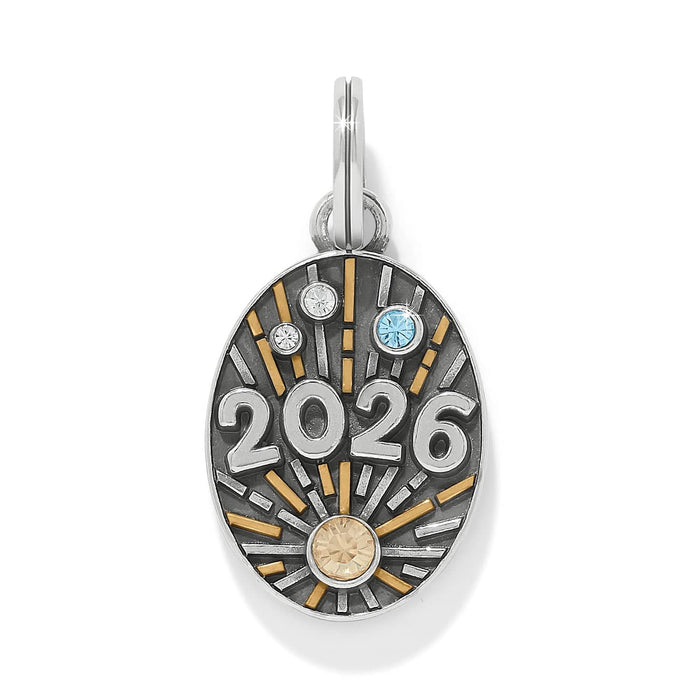 Brighton oval charm with 2026 design, silver-plated finish, gold accents, and crystals on a white background
