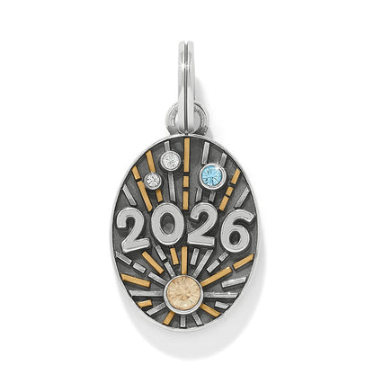 Brighton oval charm with 2026 design, silver-plated finish, gold accents, and crystals on a white background