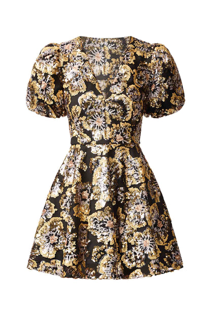 Celeste Puff Sleeve Mini Dress in Black and Gold