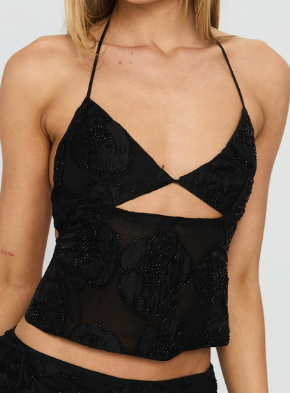 Wild Card Beaded Backless Top Black