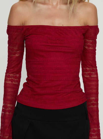 Deyci Lace Off Shoulder Top Red