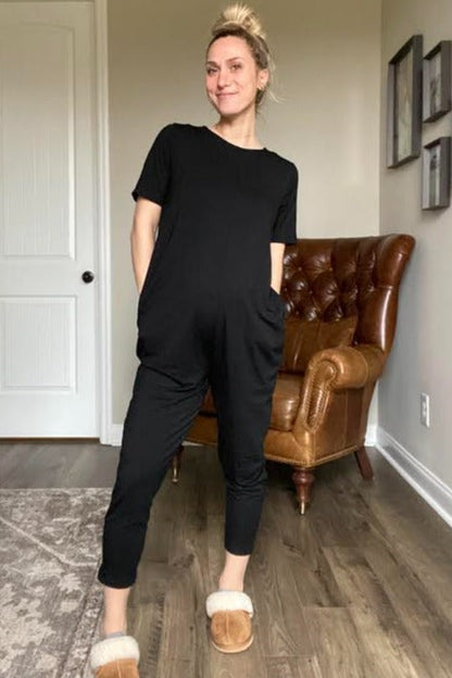 Black Basic Short Sleeve Maternity Jumpsuit