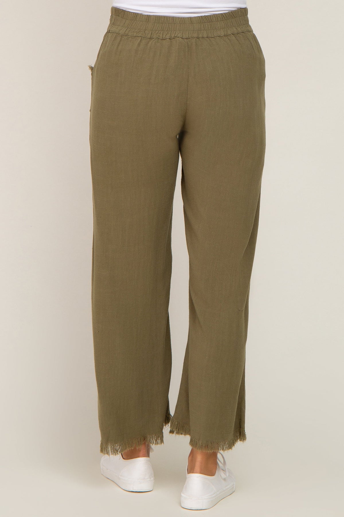 Olive Linen Frayed Hem Crop Maternity Pants