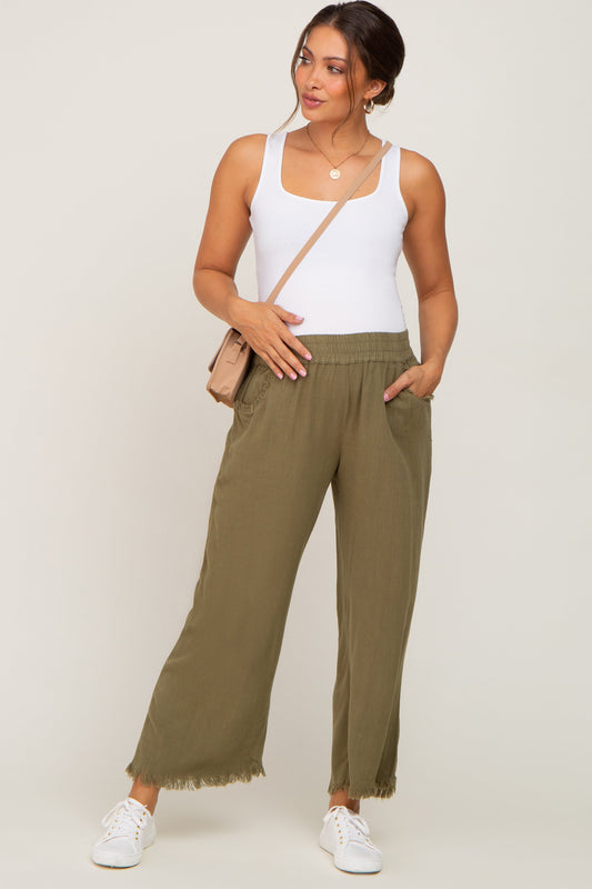 Olive Linen Frayed Hem Crop Maternity Pants