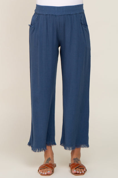 Navy Linen Frayed Hem Crop Maternity Pants