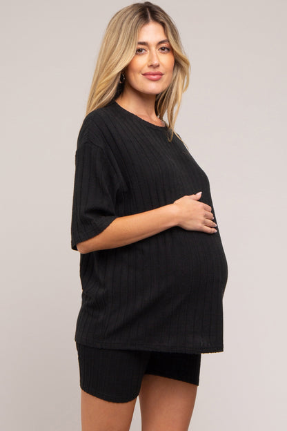 Black Ribbed Soft Short Sleeve Maternity Shorts Set