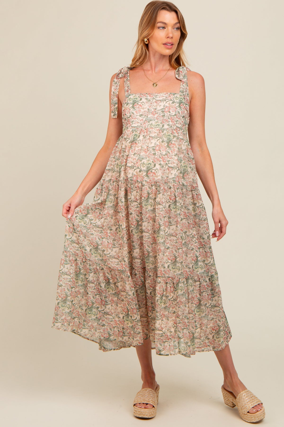 Cream Floral Shoulder Tie Tiered Maternity Maxi Dress