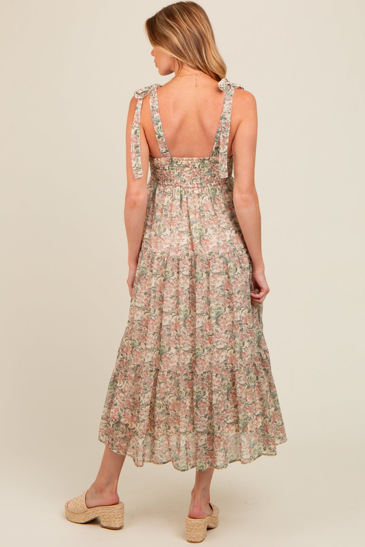 Cream Floral Shoulder Tie Tiered Maternity Maxi Dress