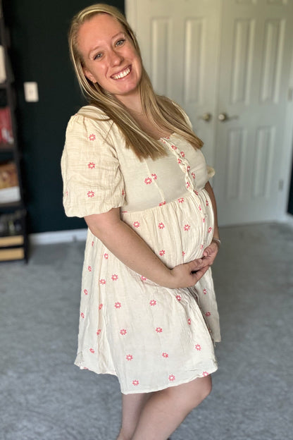 Beige Floral Embroidered Button Front Short Sleeve Maternity Dress