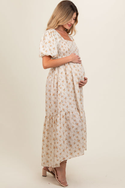 Cream Floral Smocked Square Neck Short Puff Sleeve Maternity Midi Dress