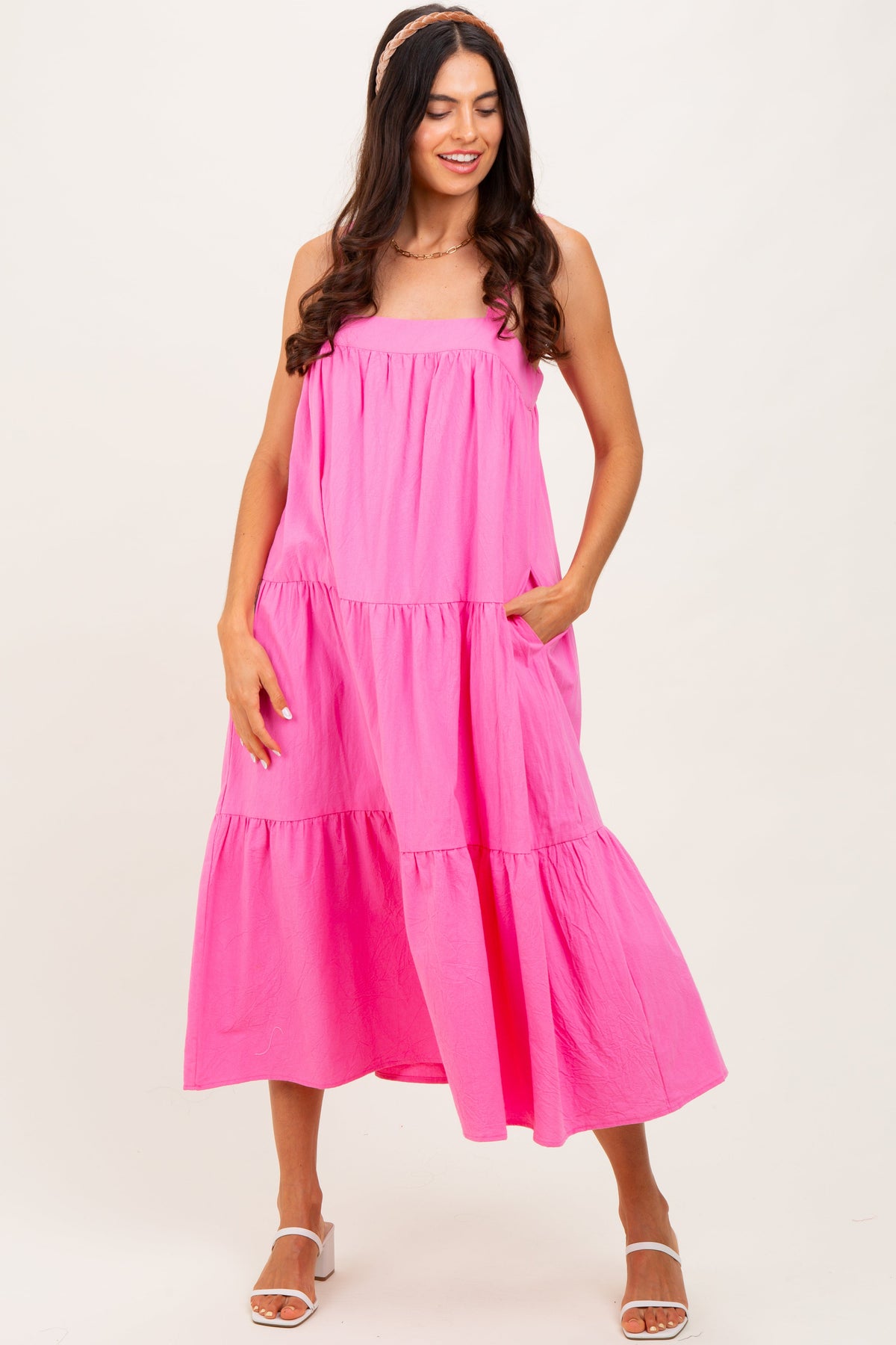 Pink Tiered Maternity Midi Dress