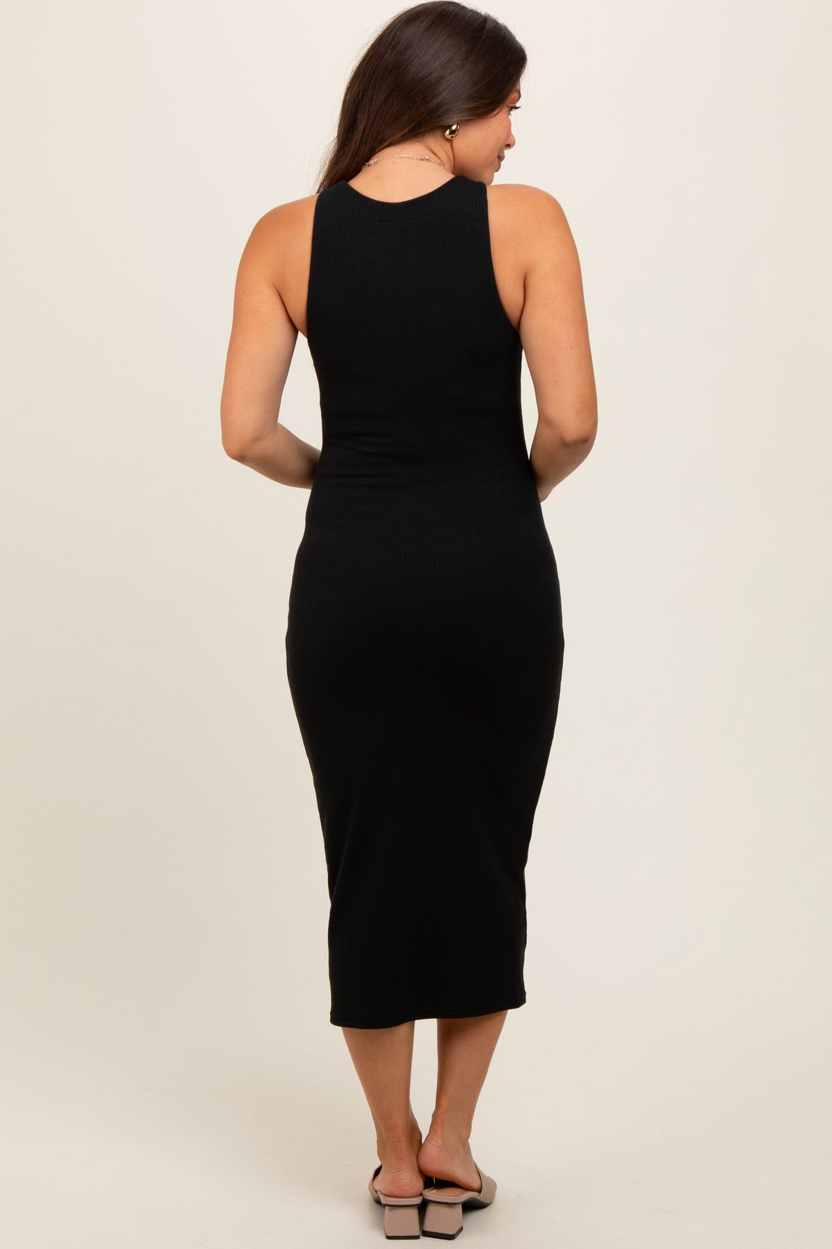 Black Sleeveless Ribbed Knit Maternity Midi Dress