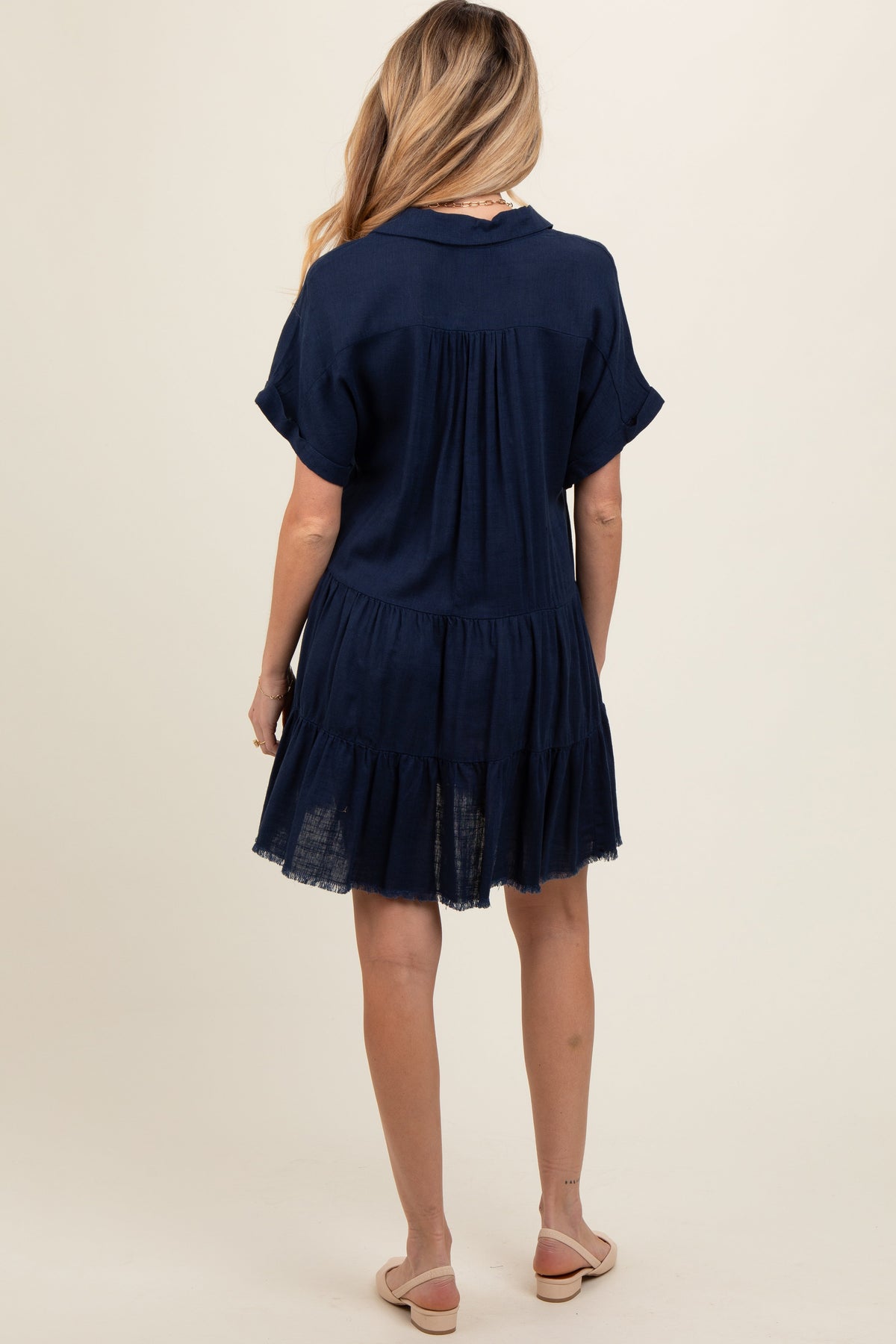 Navy Tiered Linen Maternity Dress