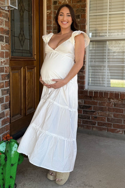 White Ruffle Trim Maternity Maxi Dress