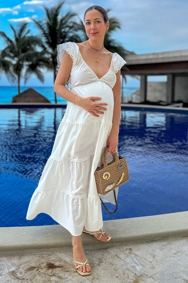 White Ruffle Trim Maternity Maxi Dress