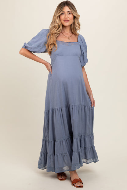 Blue Lace Insert Maternity Maxi Dress