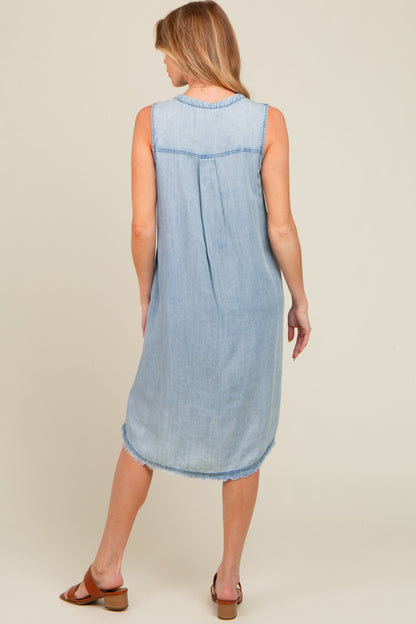 Light Blue Chambray Button Up Fringe Sleeveless Maternity Dress