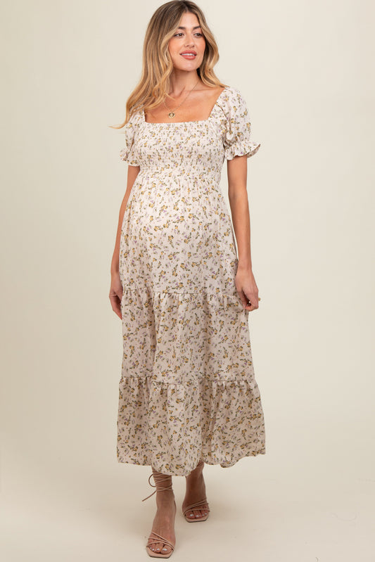 Cream Floral Smocked Square Neck Tiered Puff Short Sleeve Maternity Maxi Dress