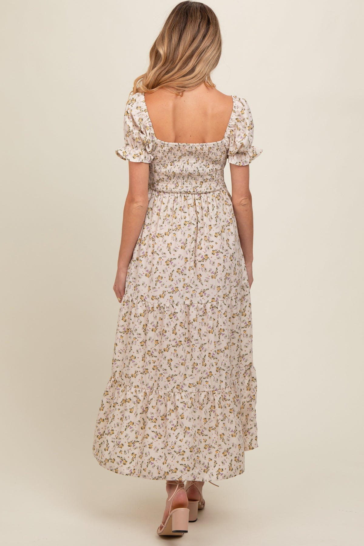 Cream Floral Smocked Square Neck Tiered Puff Short Sleeve Maternity Maxi Dress