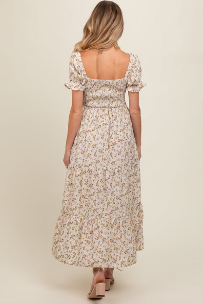 Cream Floral Smocked Square Neck Tiered Puff Short Sleeve Maternity Maxi Dress