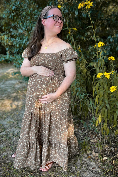 Mocha Floral Short Sleeve Maternity Maxi Dress