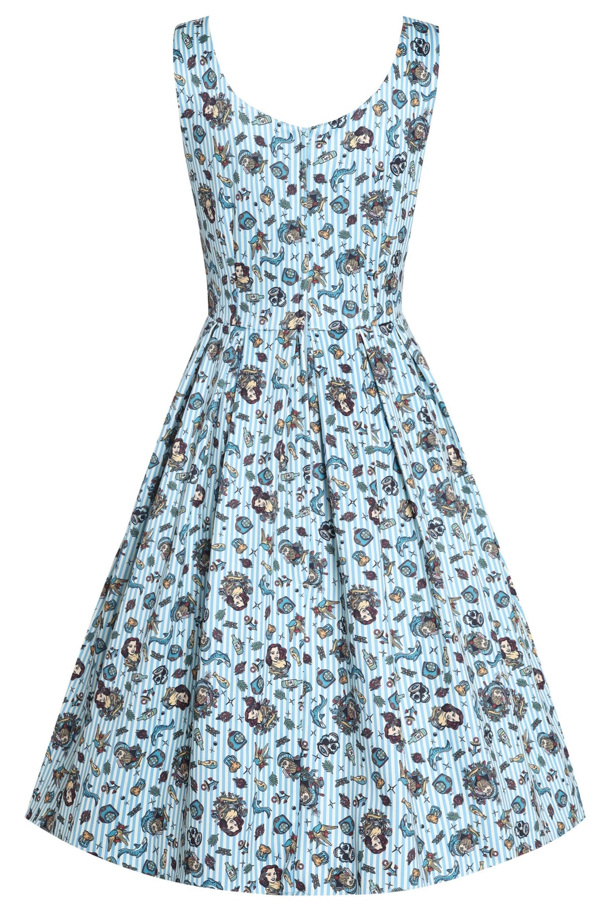 Amanda Blue Striped Flared Dress in Nautical Print