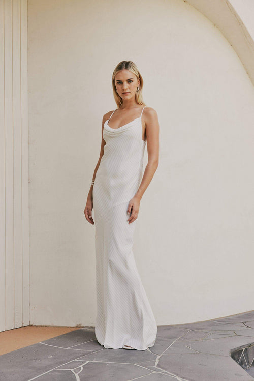 CURAAE Bella Maxi Cowl Neck Pinstripe Slip Dress In White