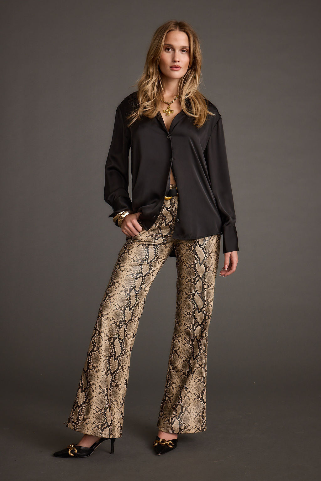 Cash Black Satin Button Down Top