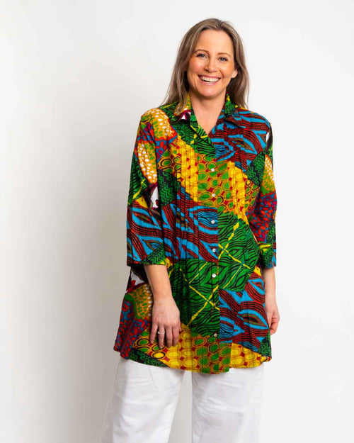 Long Collared Pleated Shirt in Green Festival