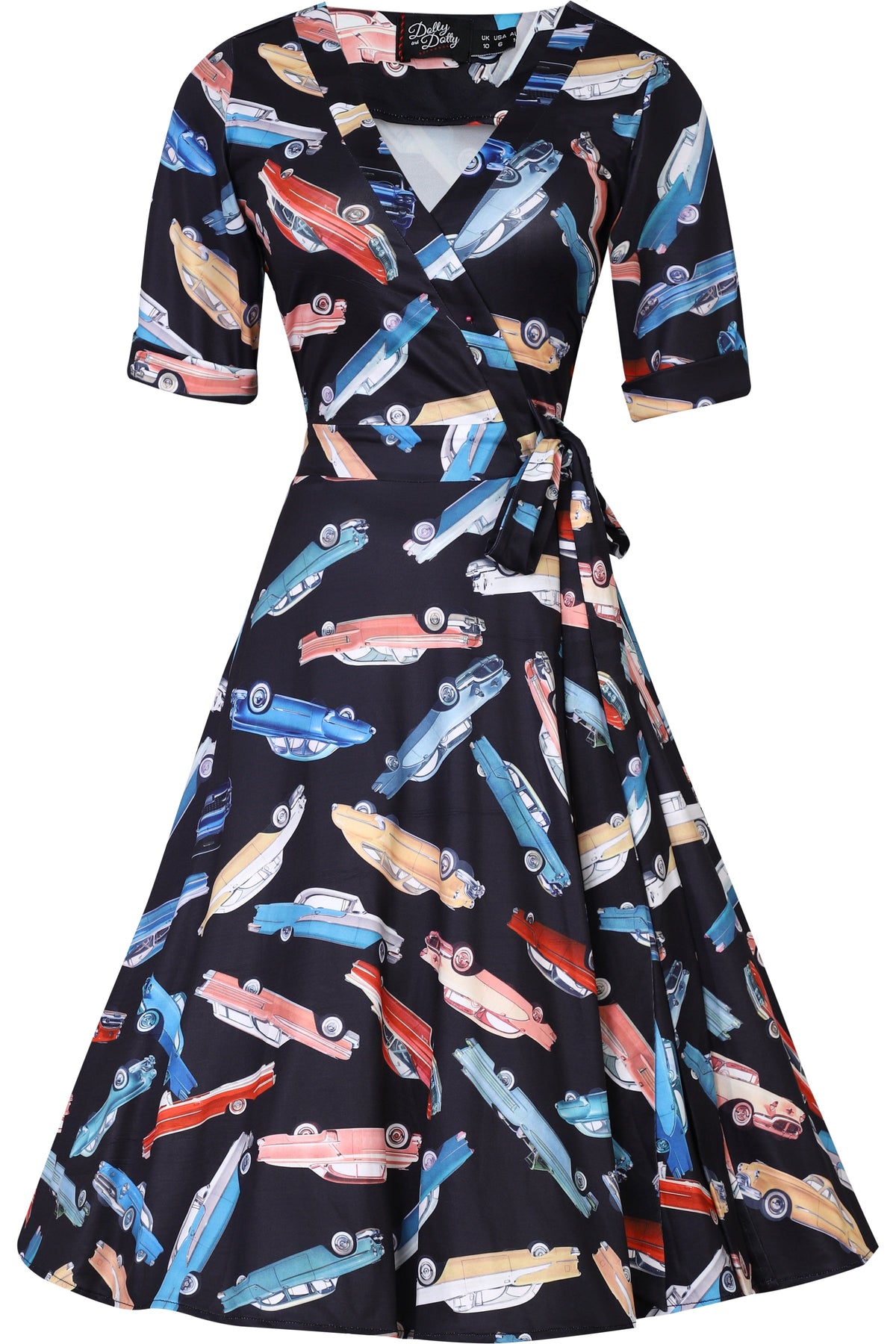 Matilda Classic Car Print Knit Wrap Dress in Black