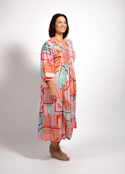 Freya Dress in Aqua Pink Geo