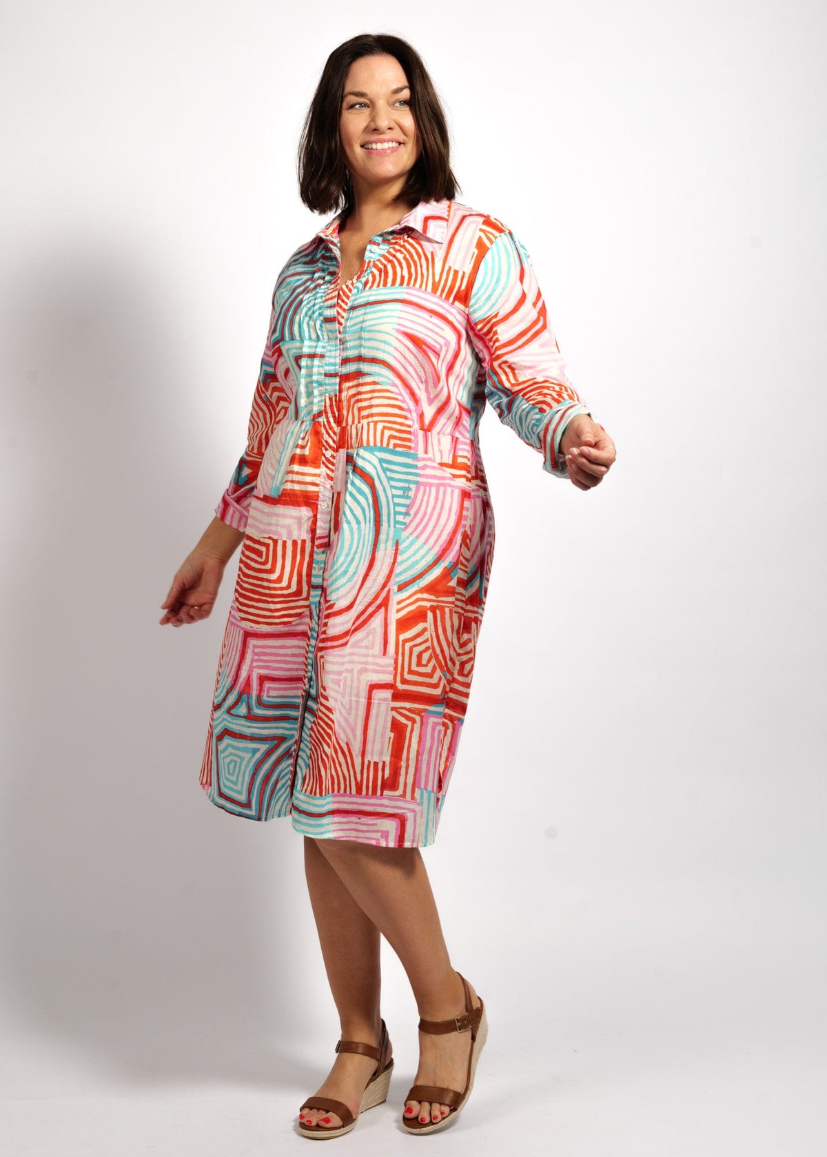 Maya Dress in Aqua Pink Lines