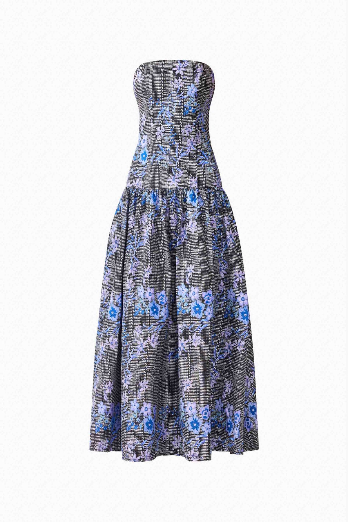 Allana Jacquard Strapless Gown in Black & Blue Floral