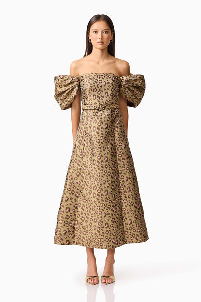 Elara Off The Shoulder Midi Dress in Leopard Print