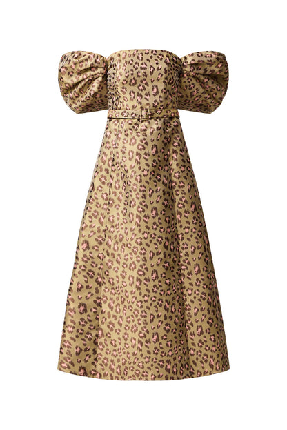 Elara Off The Shoulder Midi Dress in Leopard Print