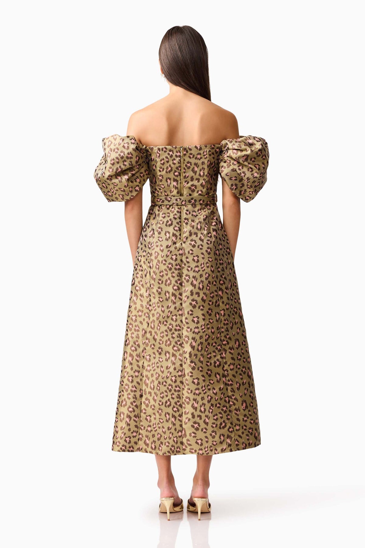 Elara Off The Shoulder Midi Dress in Leopard Print
