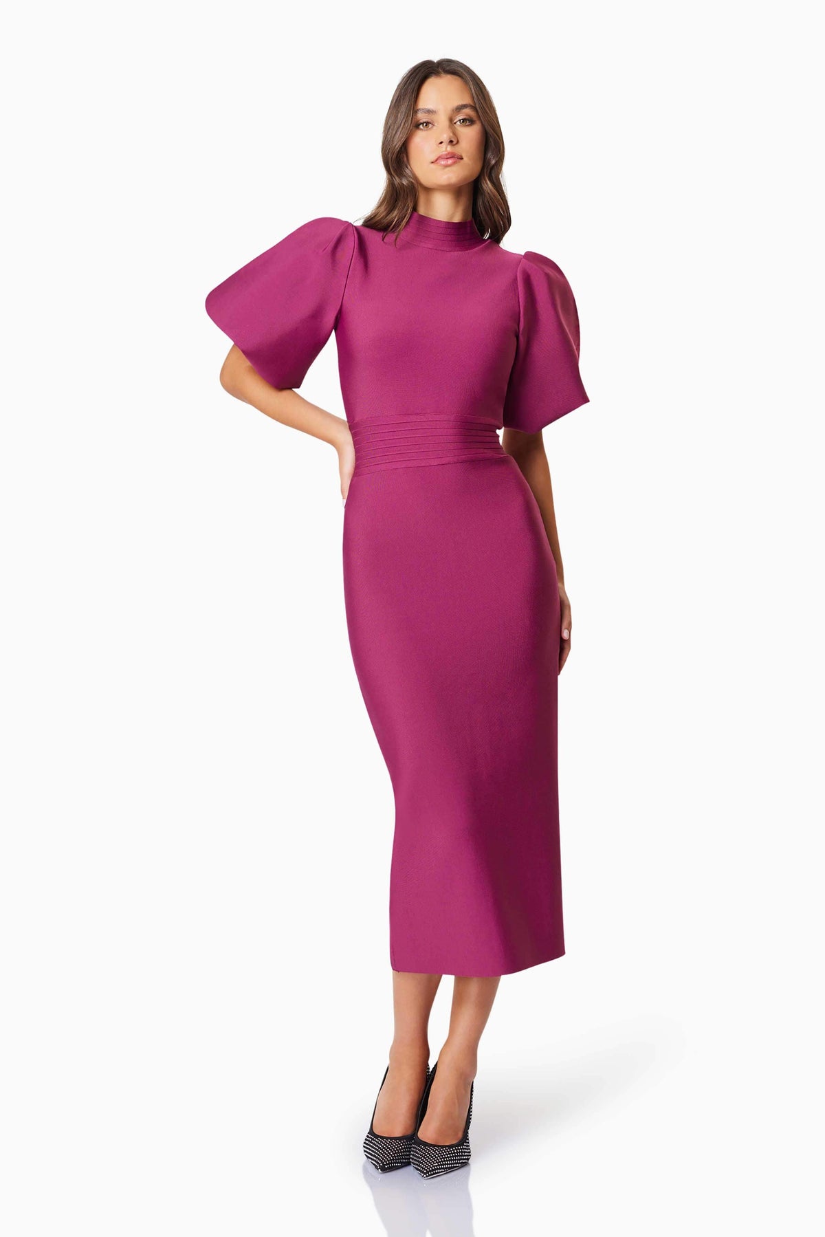 Ella Puff Sleeve Midi Dress In Burgundy