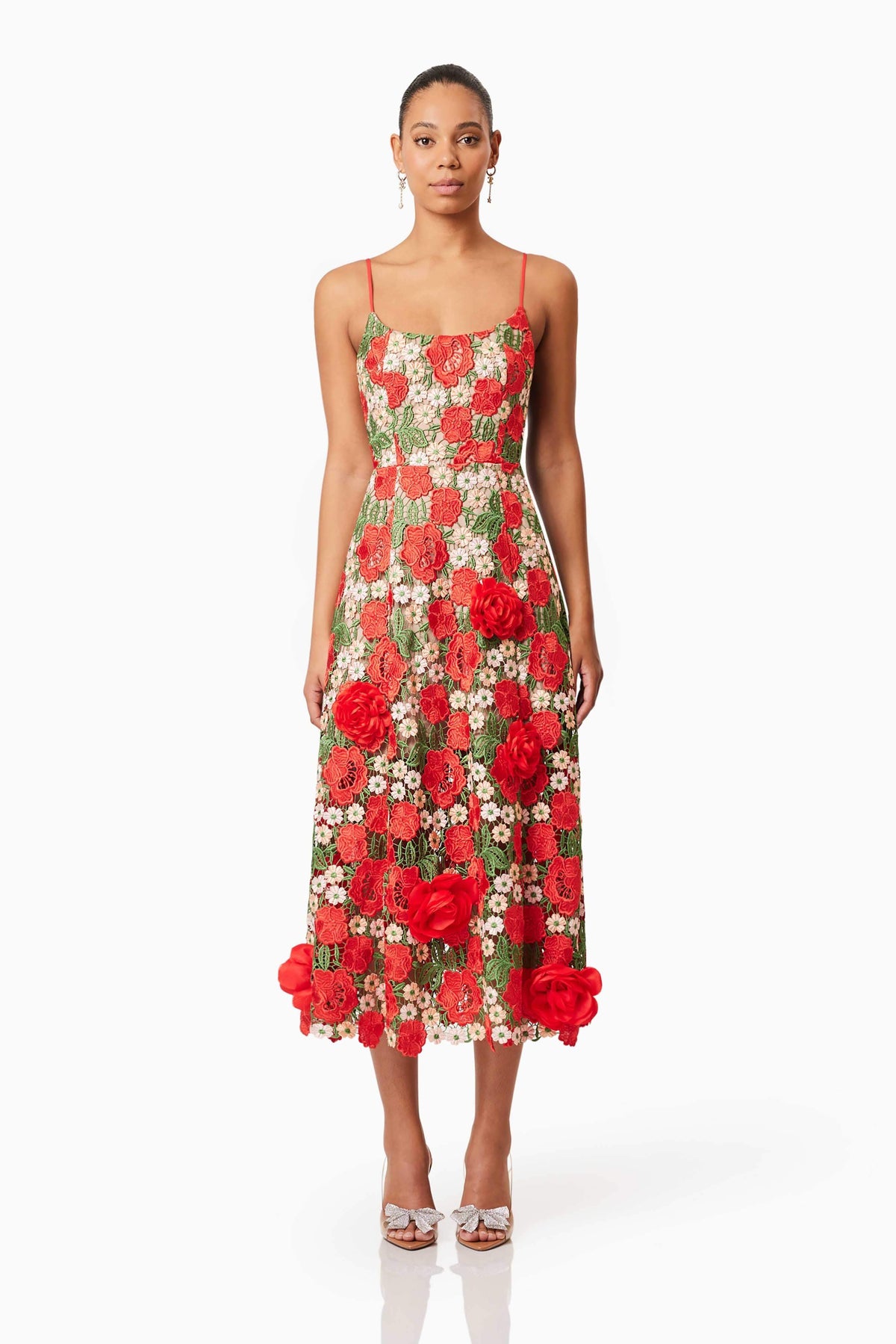 Roselyn Embroidered Midi Dress In Red
