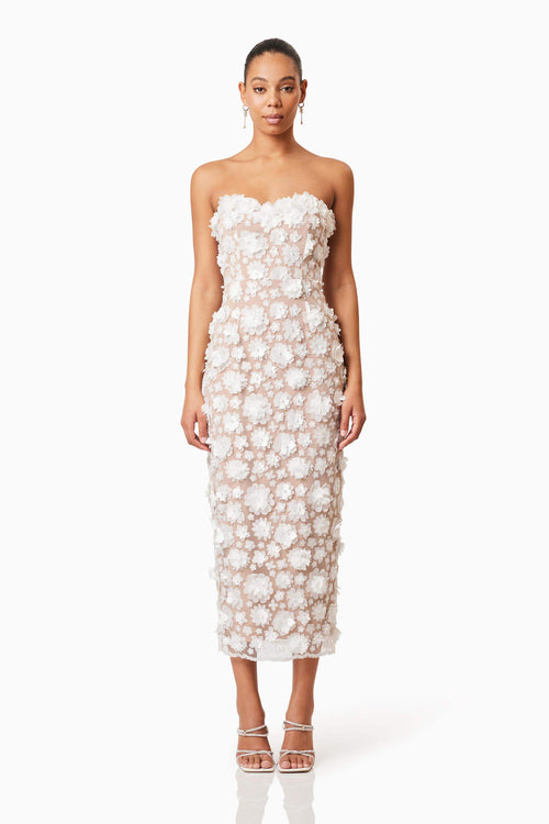 Bluebell Strapless 3D Midi Dress in White