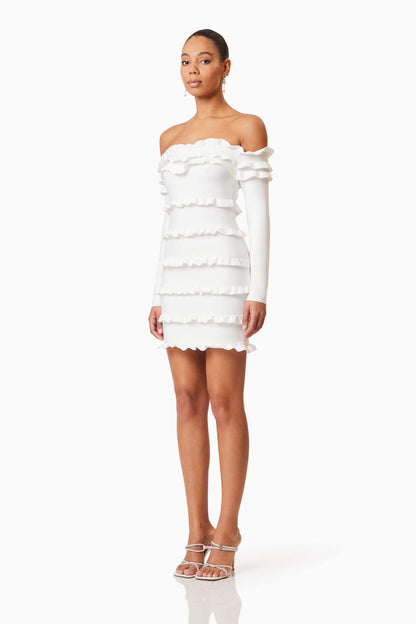 Kimberly Long Sleeve Frill Mini Dress in White