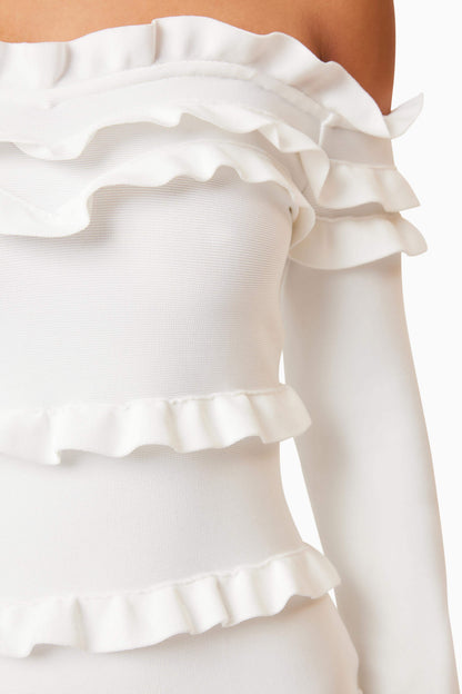 Kimberly Long Sleeve Frill Mini Dress in White