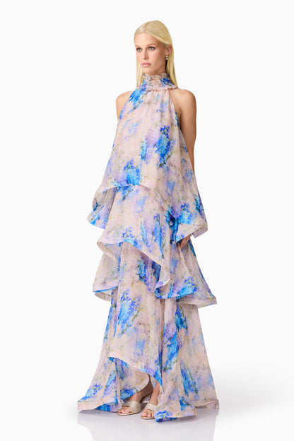 Briony Tiered Gown in Pink & Blue Floral