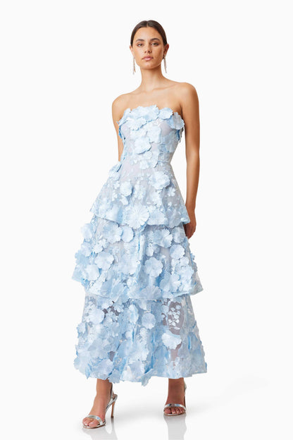 Selene Maxi Tiered 3D Dress In Blue