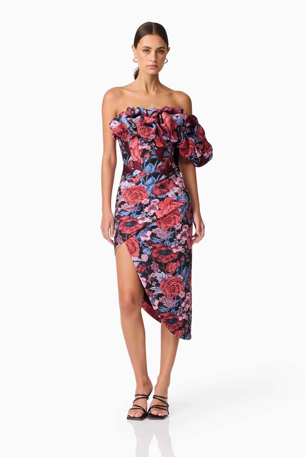 Delphine Off The Shoulder Midi Dress in Pink & Back Floral
