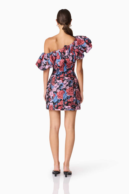 Delphine One Shoulder Mini Dress in Pink & Black Floral